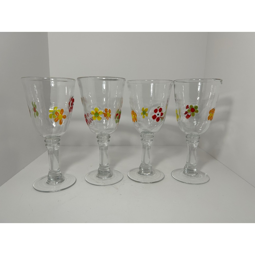 Set of 4 Hand Blown Floral Wine Glasses Raised 3D Flower Clear Goblets‎ Stemware